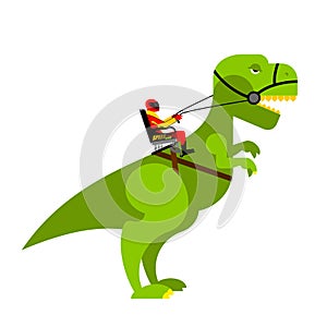 Dinosaur rider. Man sits on back of huge wild Raptor. Teamster d