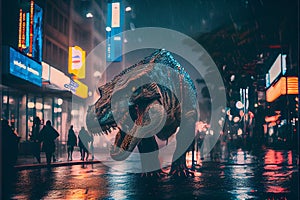 Dinosaur roaring in city at night