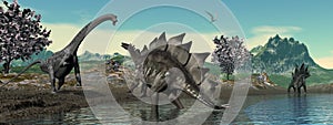 Dinosaur scenery with brachiosaurus and stegosaurus - 3D render