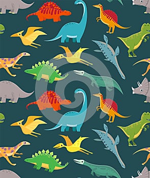 Dinosaur seamless pattern. Cute kids dinosaurs, colorful dragons. Vector wallpaper