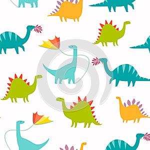 Dinosaur seamless pattern vector illustration. Cute T-rex cartoon style