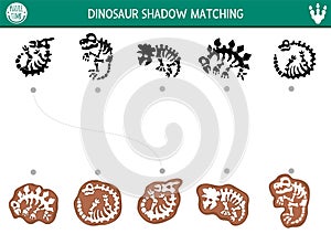 Dinosaur shadow matching activity with fossil bones. Prehistoric puzzle with cute stegosaur, triceratops, T-rex skeletons. Find photo