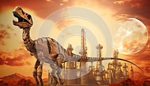 Dinosaur skeleton in a desert with industrial oil refineries in the background, under a dramatic sky, fossil fuels concept