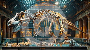 Dinosaur Skeleton Displayed in Museum With Clock in Background