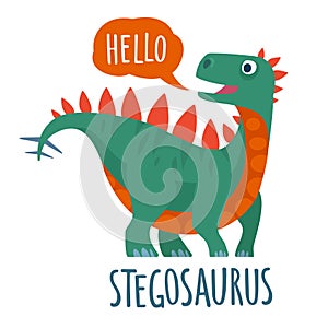 Dinosaur speak Hello. Vector colorful flat icon. Lettering stegosaurus