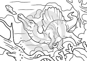 Dinosaur spinosaurus, hunts underwater, coloring book, funny illustration