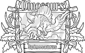 Dinosaur spinosaurus, hunts underwater, coloring book, funny illustration