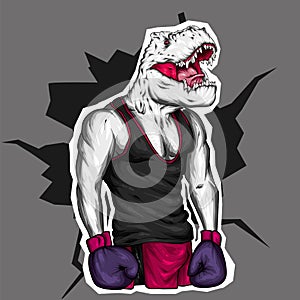 Dinosaur in sportswear and boxing gloves. Pumped up guy. Sportsman. Vector illustration for greeting card or poster.