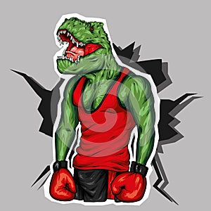 Dinosaur in sportswear and boxing gloves. Pumped up guy. Sportsman. Vector illustration for greeting card or poster.