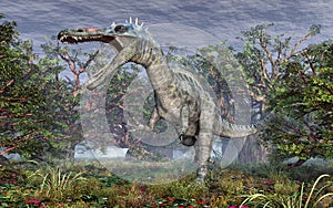 Dinosaur Suchomimus in the forest