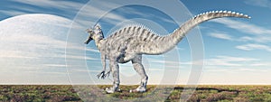 Dinosaur Suchomimus in a landscape and planet in the sky