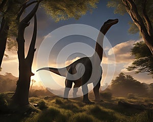 dinosaur in the Sunset A sauropod was a prodigious creature that belonged to a remote and vanished epoch when the earth was young photo