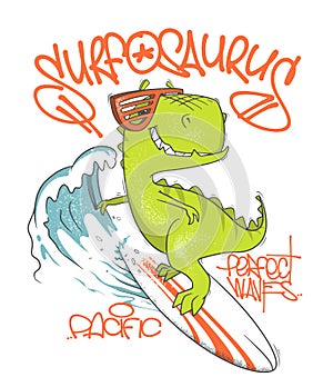 Dinosaur surfer ride the wave, on surfboard. Vector illustration.