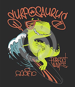 Dinosaur surfer ride the wave, on surfboard. Vector illustration.
