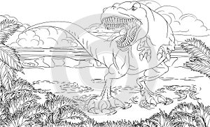 Dinosaur T Rex Scene Cartoon Coloring Book Page