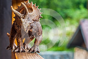 Dinosaur toy triceratops strolls along the terrace