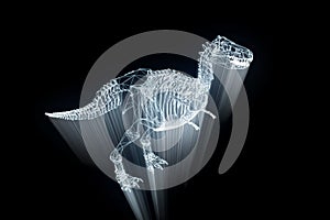 Dinosaur TRex Skeleton in Hologram Wireframe Style. Nice 3D Rendering