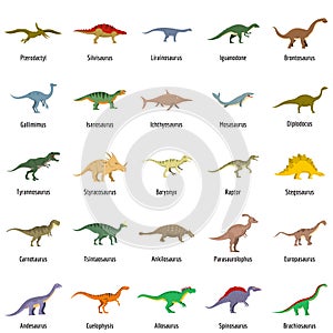 Dinosaur types signed name icons set isolated