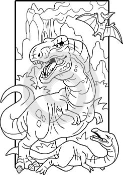 dinosaur tyrannosaurus, contour illustration coloring book