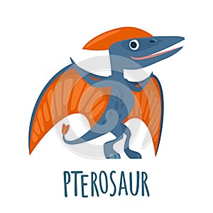 Dinosaur. Vector colorful flat illustration isolated on white. Lettering pterosaur