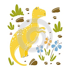 Dinosaur vector illustration and flowers in cartoon style