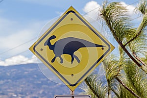 Dinosaur warning sign near Villa de Leyva in Colombia. This area is famous for numerous findings of fossil
