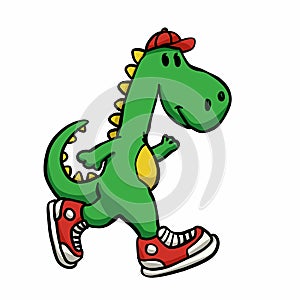Dinosaur wearing tennis shoes and hat