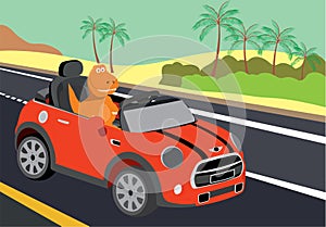 Dinosaur who rides in a mini car on the road