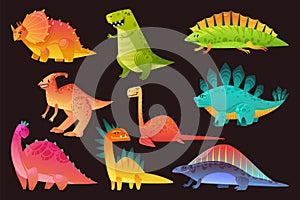 Dinosaur wild animal set. Funny dinosaurs wild animals dragon and nature reptile, childish bright exotic prehistoric