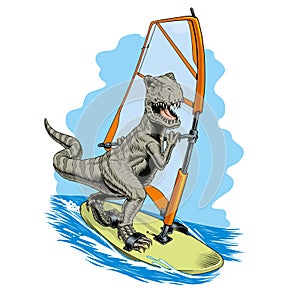 Dinosaur windsurfer sailing on the windsurf board. Tyrannosaurus or T. rex comic style vector illustration. photo