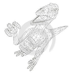 Dinosaur wireframe made of black lines on a white background. Angry dinosaur with raised paws and sharp claws