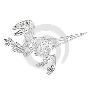 Dinosaur wireframe made of black lines on a white background. Angry dinosaur with raised paws and sharp claws. Isometric