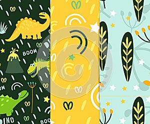 Dinosaurs background for fabric. Set of seamless vector models. Collection of children`s clothing, bed linen, fabrics. Comic and c