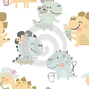 Dinosaurs on the beach baby cute seamless pattern. Sweet dino summer leisure print. Cool holiday design illustration for