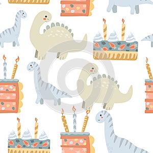 Dinosaurs and birthday cakes pattern on black background