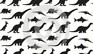 Dinosaurs black silhouettes on white background. Seamless pattern