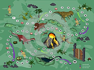 Dinosaurs board game in cartoon style. Landscape with path. Adventure map of dino park in isometric style. Board maze photo