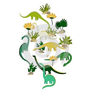 Dinosaurs Brachiosaurus or Diplodocus. Eating Plants Walking Multicolored Cartoon Characters Print Design for Boy