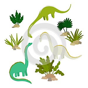 Dinosaurs Brachiosaurus or Diplodocus. Eating Plants Walking Multicolored Cartoon Characters Print Design for Boy