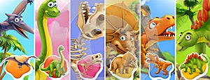 Dinosaurs cartoon character. Brachiosaurus, pterodactyl, tyrannosaurus rex, dinosaur skeleton, triceratops, stegosaurus photo