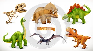 Dinosaurs cartoon character. Brachiosaurus, pterodactyl, tyrannosaurus rex, dinosaur skeleton, triceratops, stegosaurus. Funny photo