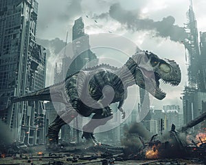 Dinosaurs causing havoc in a crypto-powered city, futuristic skyline crumbling, intense action scene