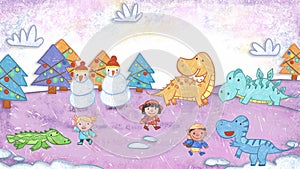 Dinosaurs Children Snowman Celebrating Winter Christmas Holiday Season Crayon Drawing and Doodling Hand-drawn Illustration.