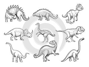 Dinosaurs collection. Extinction wild herbivorous angry animals in paleontology ages vector sketch drawn pictures