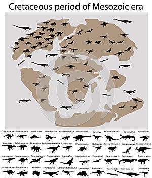 Dinosaurs of cretaceous period on map