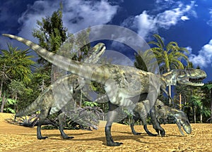 Dinosaurs 3d illustration against the background of the Mesozoic Forest