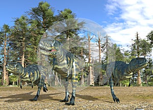Dinosaurs 3d illustration against the background of the Mesozoic Forest