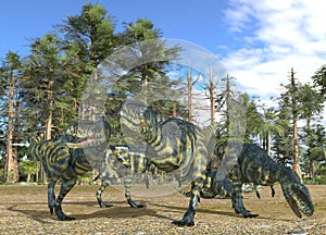 Dinosaurs 3d illustration against the background of the Mesozoic Forest