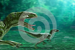 Dinosaurs 3d render, velociraptors in the jungle