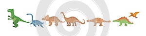 Dinosaurs flat icon set, cartoon style. Collection of objects with pterosaur, stegosaurus, triceratops, allosaurus